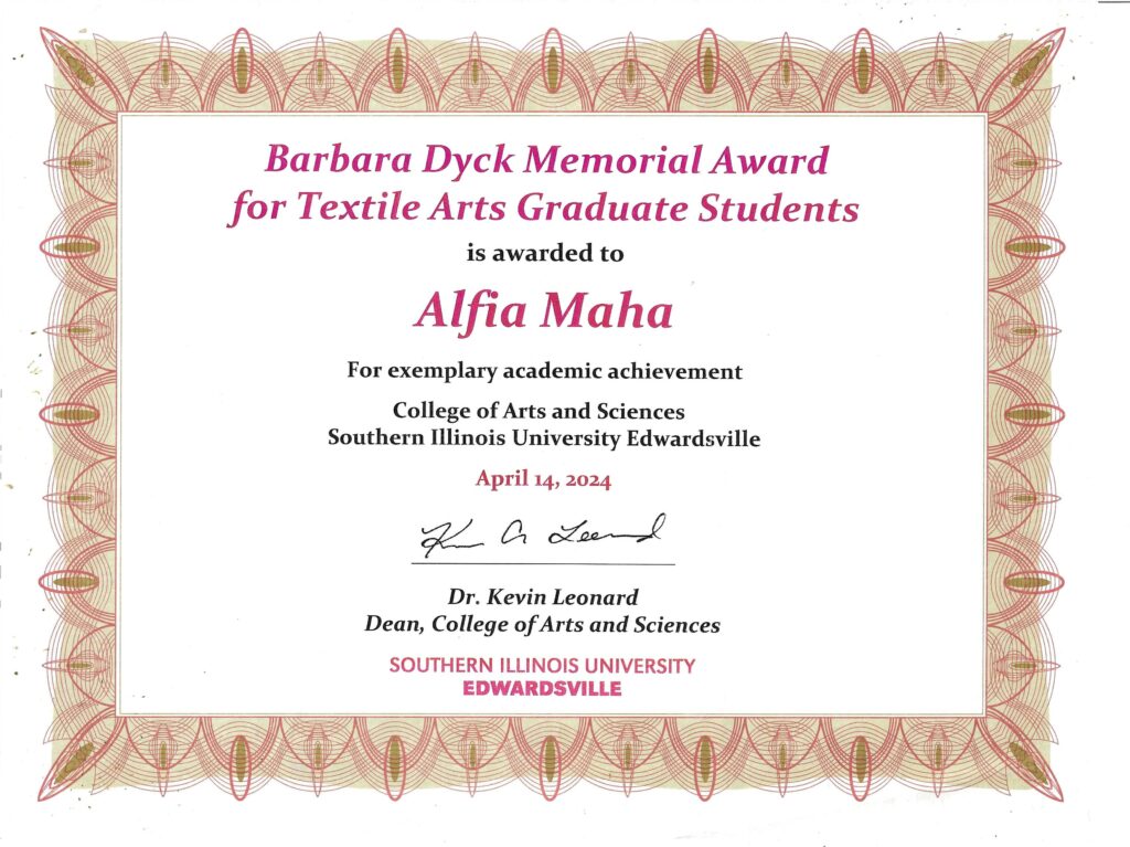 SIUE Barbara dyck Memorial award for textile arts graduate student